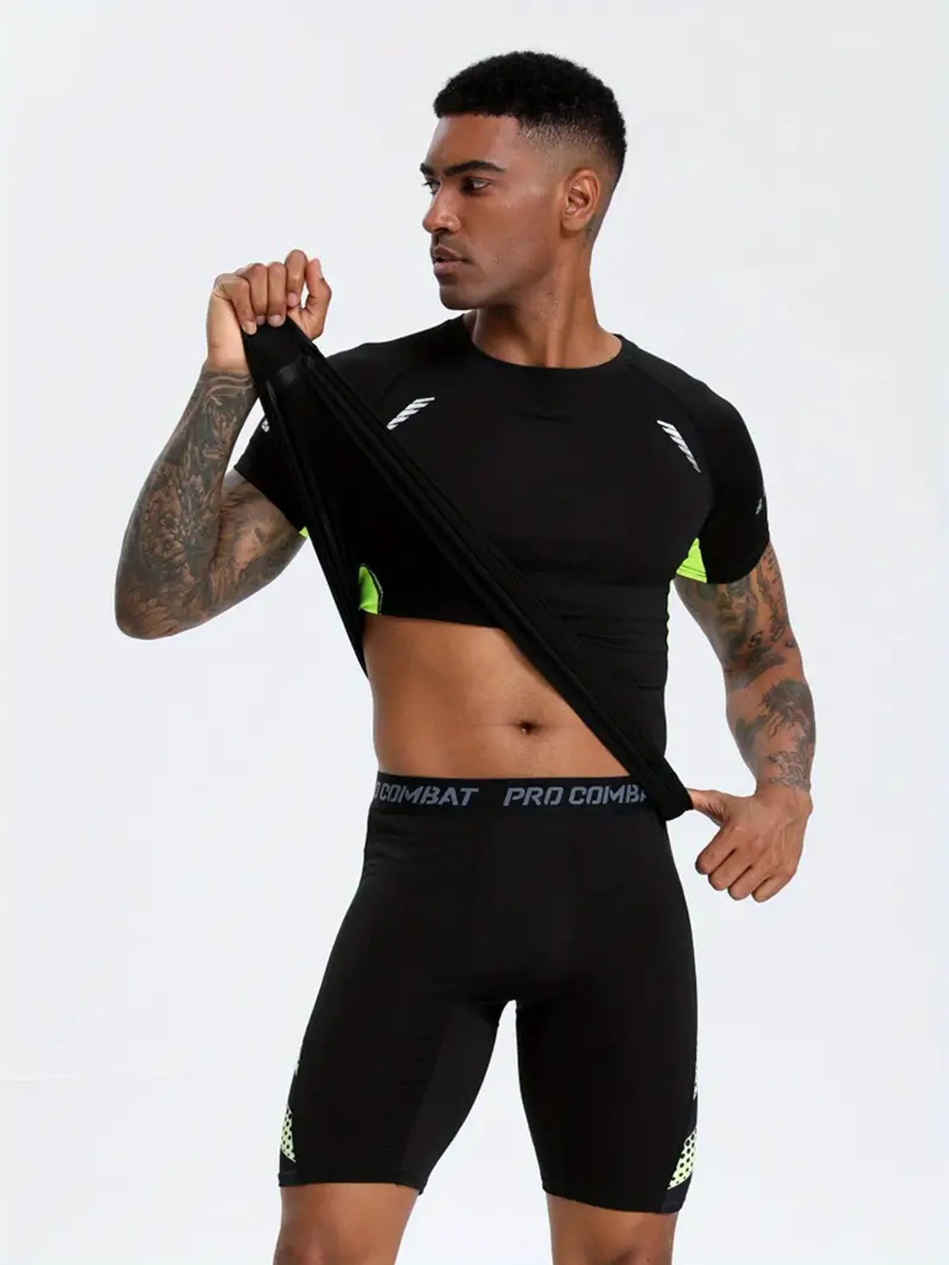 YYF1609 short sleeve black men's sportswear custom sportswear men's compression tights shirt tops shorts fitness exercise running sportswear wholesale - Image 2